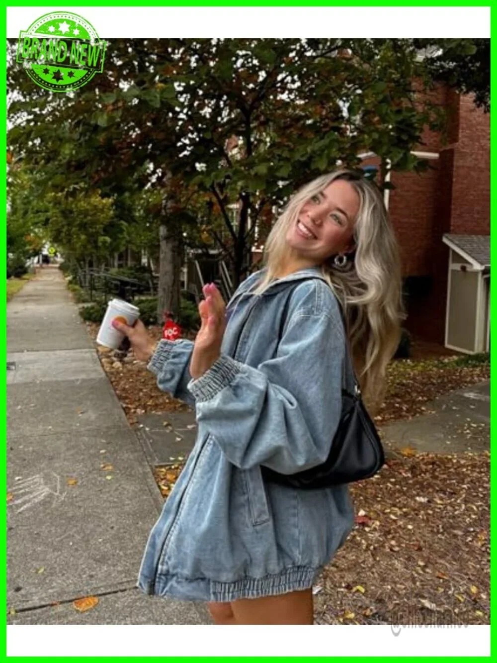 Oversized Vintage Washed Denim Bomber Jacket Hooded Front Zip